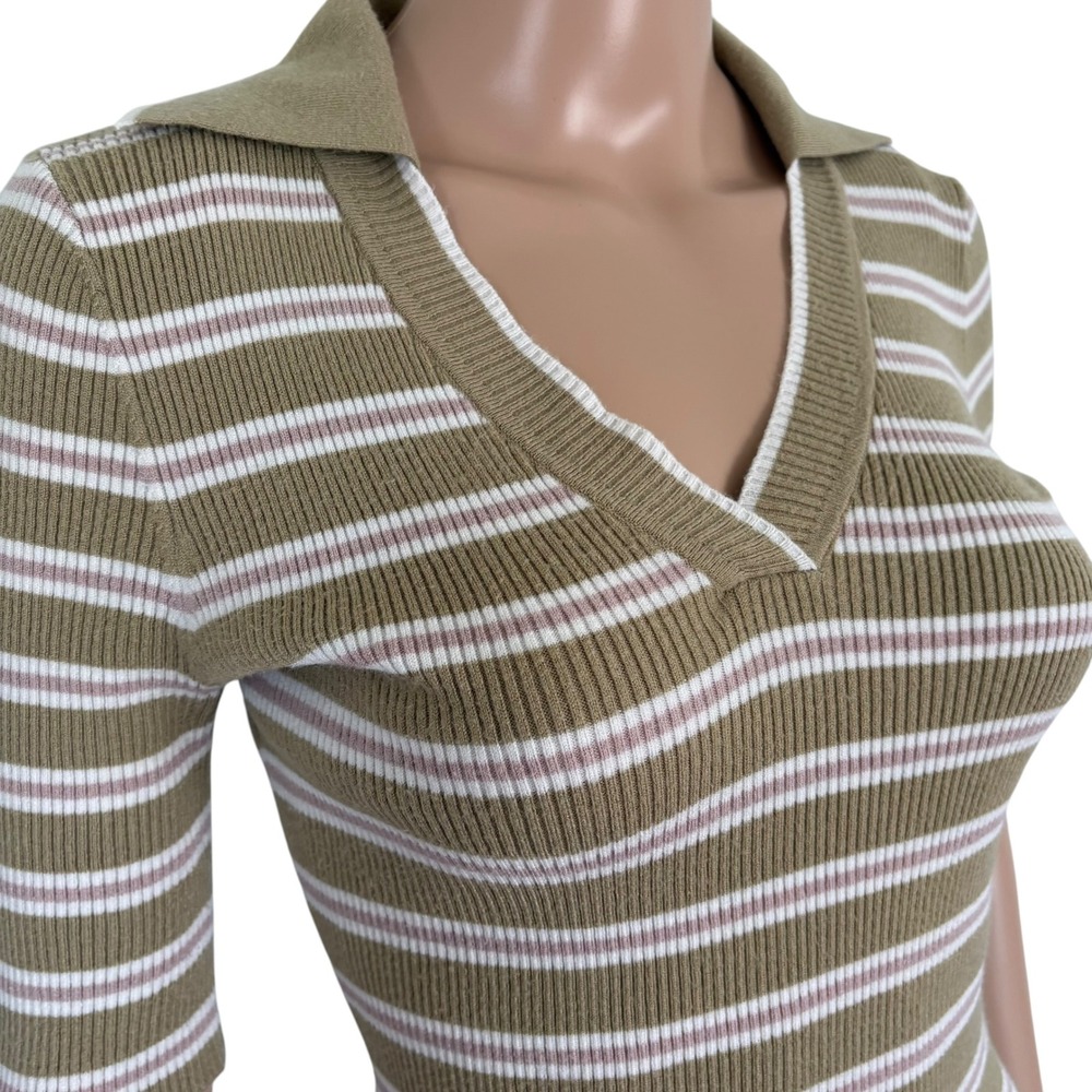 Favorite Daughter Green Striped Ribbed Polo Mini Dress V-Neck Short Sleeve M - Picture 3 of 8